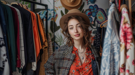 A woman wearing a hat, a patterned coat, and a red floral blouse stands in front of a clothing rack full of colorful garments.の素材