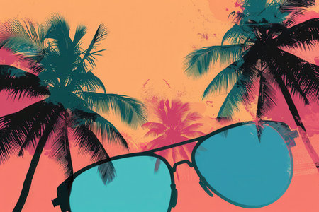 A pair of sunglasses with blue lenses sit in front of a vibrant orange and pink sunset, palm trees silhouetted against the sky.の素材