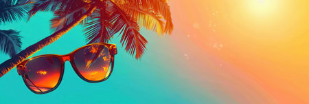 A pair of sunglasses hangs from a palm tree branch, with the setting sun reflected in the lenses.の素材