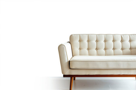 A white tufted sofa with wooden legs sits isolated against a white background.の素材