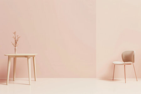 A simple wooden table with a dried flower in a vase sits in the corner of a room with a single chair to the right. The walls are painted a light pink color.の素材