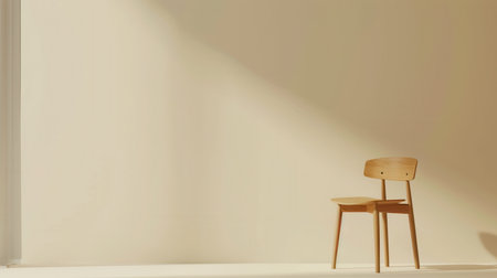 A wooden chair sits alone in a room with a white wall and a beam of sunlight streaming through a window.の素材
