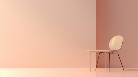 A white chair with black legs sits next to a small white table, both against a peach-colored wall.の素材