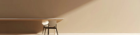 A minimalist interior design with a beige wall, a long wooden table, and two black chairs. Sunlight casts a shadow on the wall.の素材