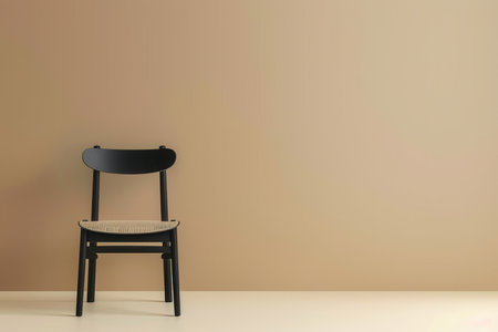 A single black wooden chair with a woven seat sits in front of a beige wall.の素材