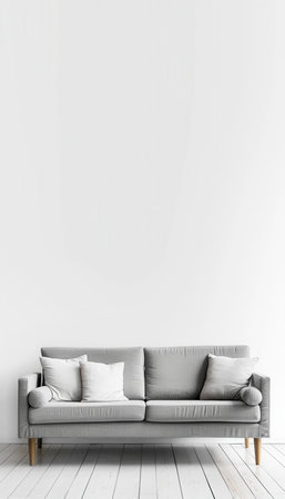 A modern gray sofa with white cushions sits in front of a plain white wall in a bright living room.の素材