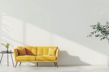 A yellow sofa with pillows sits in front of a white wall, bathed in sunlight. A small table and a potted plant are placed to the left of the sofa.の素材