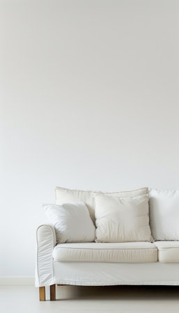 A white sofa sits in front of a white wall in a modern interior. The sofa has three pillows and a white slipcover.の素材