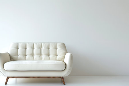 A white sofa with button tufting and wooden legs sits in front of a white wall.の素材