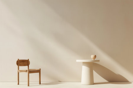 A wooden chair and a white table sit in a minimalist room, illuminated by sunlight streaming through a window.の素材