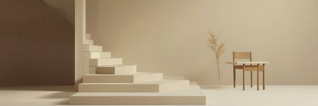 A room with a white staircase, a wooden chair, and dried grass in a vase. The room has a minimalist aesthetic.の素材