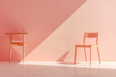 A wooden chair and a small wooden table sit in front of a light pink wall, illuminated by the sun.の素材
