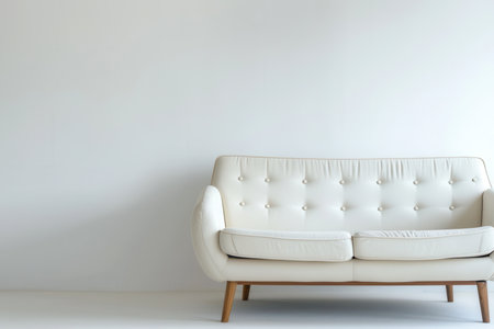 A white sofa with buttoned tufting sits in front of a plain white wall in a spacious room.の素材