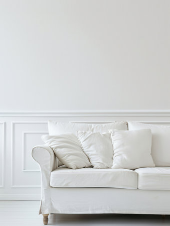 A white sofa sits in a white room with a white wall and white trim.の素材
