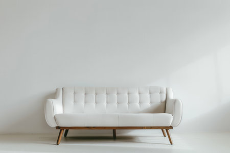 A white sofa with wooden legs sits in the middle of an empty room. The white walls and floor create a minimalist and clean aesthetic.の素材