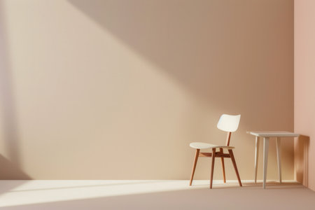 A simple white chair with wooden legs sits beside a white table in a room with light beige walls. Sunlight streams in from a window, casting a long shadow across the floor.の素材