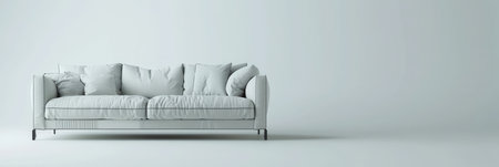 A white sofa with multiple cushions sits in the center of a minimalist living room.の素材