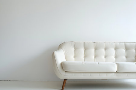 A white sofa with tufted upholstery and wooden legs sits in front of a plain white wall.の素材