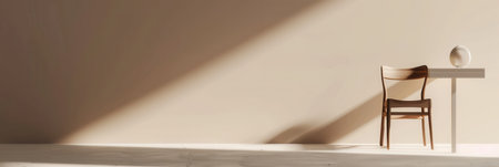 A wooden chair sits beside a white table in a minimalist room with sunlight streaming in through a window.の素材