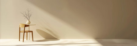 A chair sits beside a small table in a light, minimalist room with a vase of dried branches casting a shadow on the wall.の素材