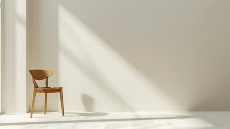 A single wooden chair sits in a minimalist room bathed in sunlight.の素材