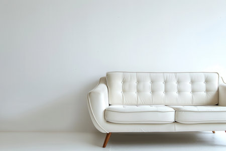 A white, button-tufted sofa with wooden legs sits in front of a blank white wall.の素材