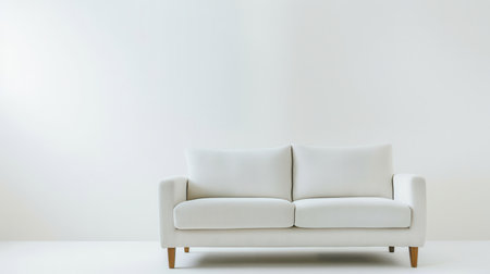 A white sofa with wooden legs sits in front of a plain white wall.の素材