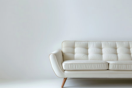 A white sofa with tufted upholstery sits in front of a blank white wall.の素材