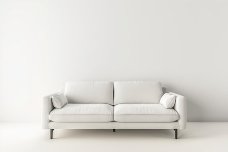 A white sofa with black legs sits in front of a plain white wall.の素材