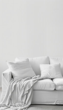 A white sofa with a blanket draped over it and pillows on the cushions in a minimalist living room.の素材