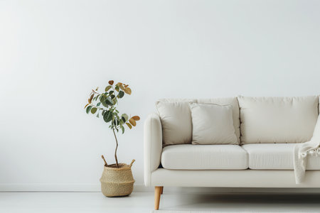A white sofa with a throw blanket sits in a room with a white wall, a small potted plant is next to the sofa.の素材