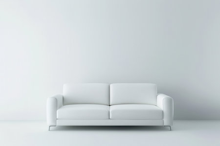 A clean, white sofa sits in the center of a minimalist room with white walls and floors.の素材