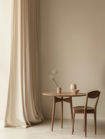 In room with beige walls, round table with chair, white curtain, vase with branches, and two ceramic bowlsの素材