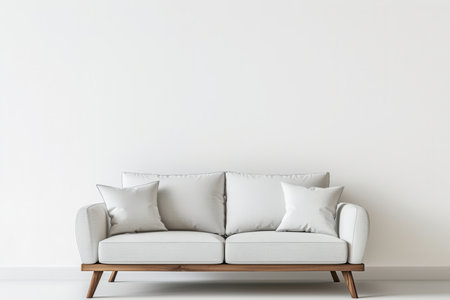 A white couch with wooden legs sits in front of a blank white wall. The couch has three pillows, all white.の素材