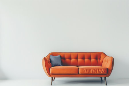 A bright orange couch sits in the center of a room with a white wall, the only other object being a dark blue patterned pillow.の素材