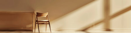 A wooden chair sits in the corner of a room with sunlight streaming through a window. The room has a light, neutral color scheme, with a beige wall and wooden floors.の素材