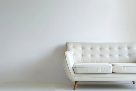 A white leather sofa with tufted upholstery and wooden legs sits in front of a plain white wall.の素材