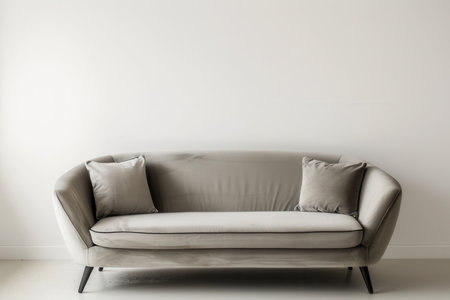 A modern gray velvet sofa with two cushions sits in a minimalist living room with a white wall behind it.の素材