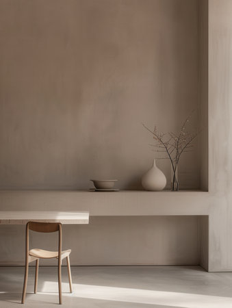 A wooden chair sits in a room with neutral walls and a shelf. A vase with dried branches sits on the shelf.の素材