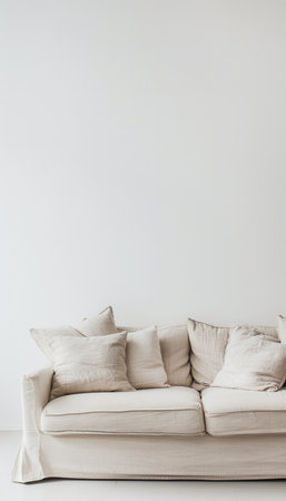 A white sofa with plush cushions sits in a minimalist interior design setting, featuring a bright white wall and light wood floor.の素材