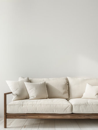 A white sofa with a wooden frame sits against a white wall in a minimalist living room.の素材