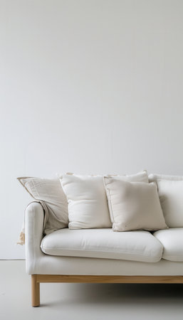 A white couch with three pillows sits in front of a plain white wall. The couch has a wooden frame and legs.の素材