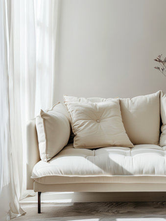 A white sofa with three pillows sits near a window in a modern living room. Sunlight shines through the sheer curtains, creating a warm and inviting atmosphere.の素材