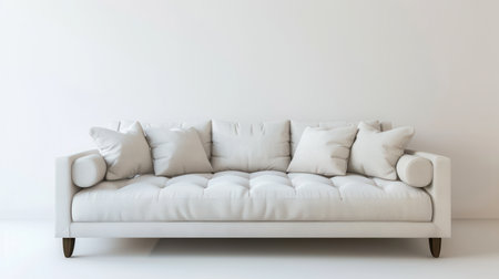A white sofa with five pillows sits in front of a white wall in a modern living room.の素材