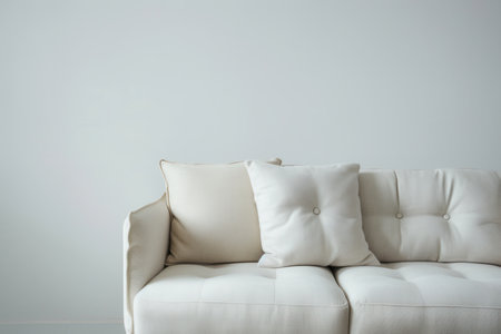 A clean, white sofa with two pillows sits in a bright and minimalist room.の素材