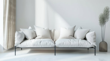 Modern living room with white sofa and black frame. Sunlight streams in through window. Dried plant in vase on right sideの素材