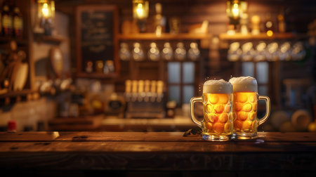 Two full beer mugs with foamy tops are placed on a wooden bar counter in a dimly lit pub.の素材