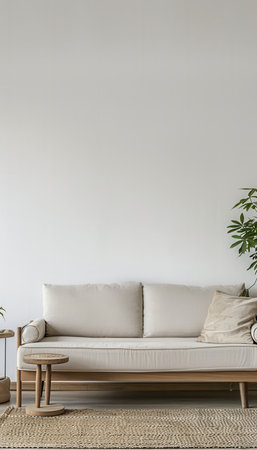 A white sofa with wooden frame and cushions sits in front of a white wall, with a wooden side table and a woven rug in front of it. A leafy plant is in the background.の素材