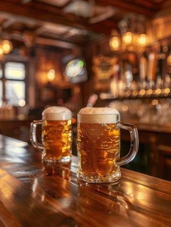 Two full glasses of beer sit on a wooden bar counter, with a blurry background of a rustic pub.の素材
