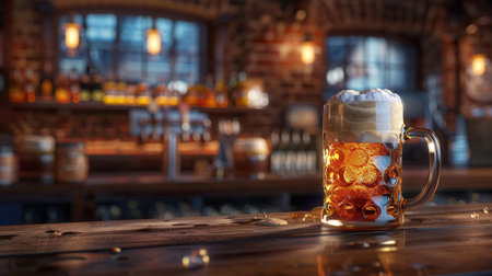 A frosty beer mug with a thick head of foam sits on a wooden bar counter. The background shows a dimly lit pub with shelves of bottles and taps, creating a cozy atmosphere.の素材